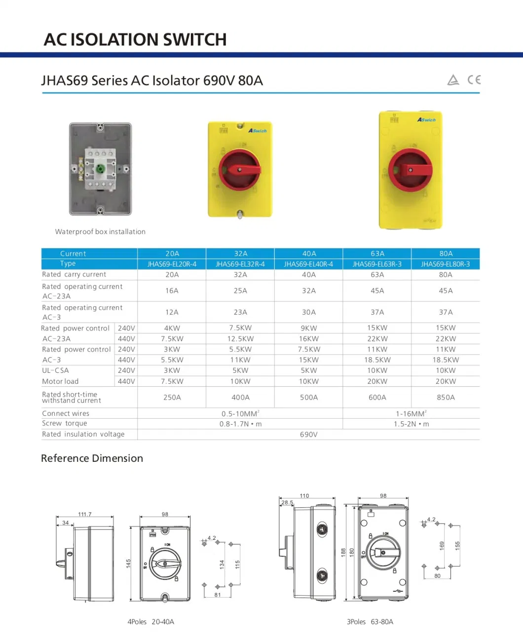 IP66 40A 63A AC Waterproof Isolator Switch CE TUV